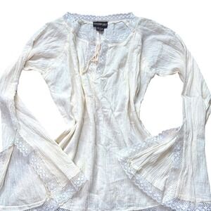 Rare Y2K Passport Cotton Gauze Lace Trim Peasant Blouse Boho Bell Sleeve Top M